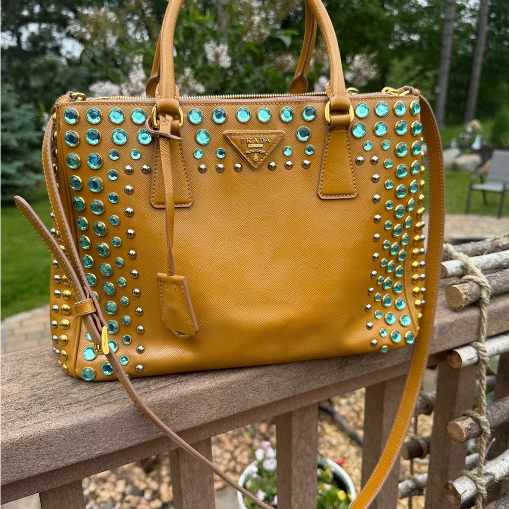 EUC! Prada Vintage Tan and Blue Studded Satchel Crossbody